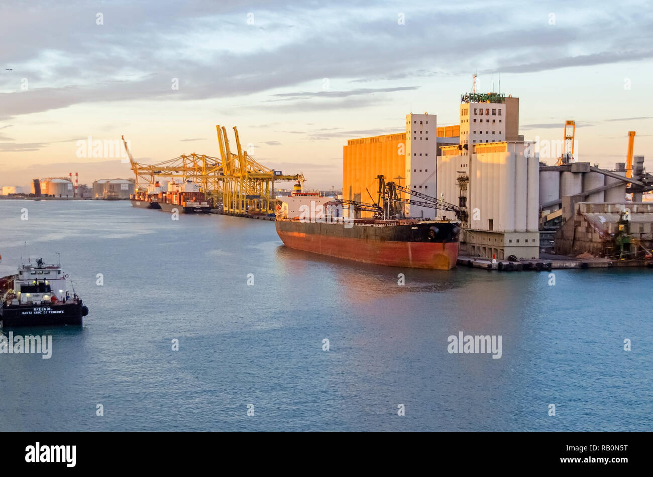 Barcelona, Spain November 10, 2018 Commercial port with rail cranes, storage facility