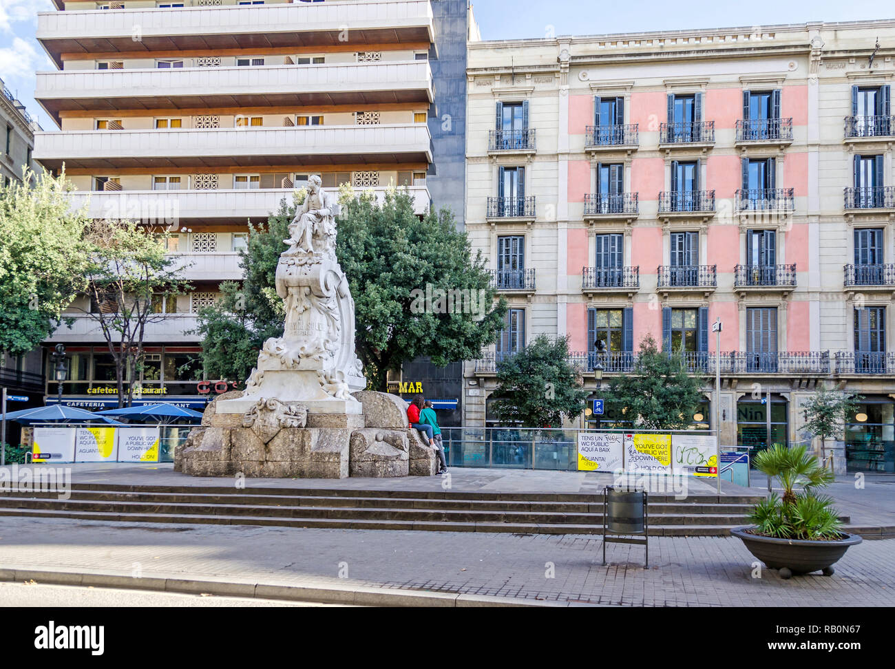 Barcelona, Spain - November 10, 2018:  Theater Square on the Rambla and the monument to the founder of the Catalan theater Frederic Soler  and an enam Stock Photo