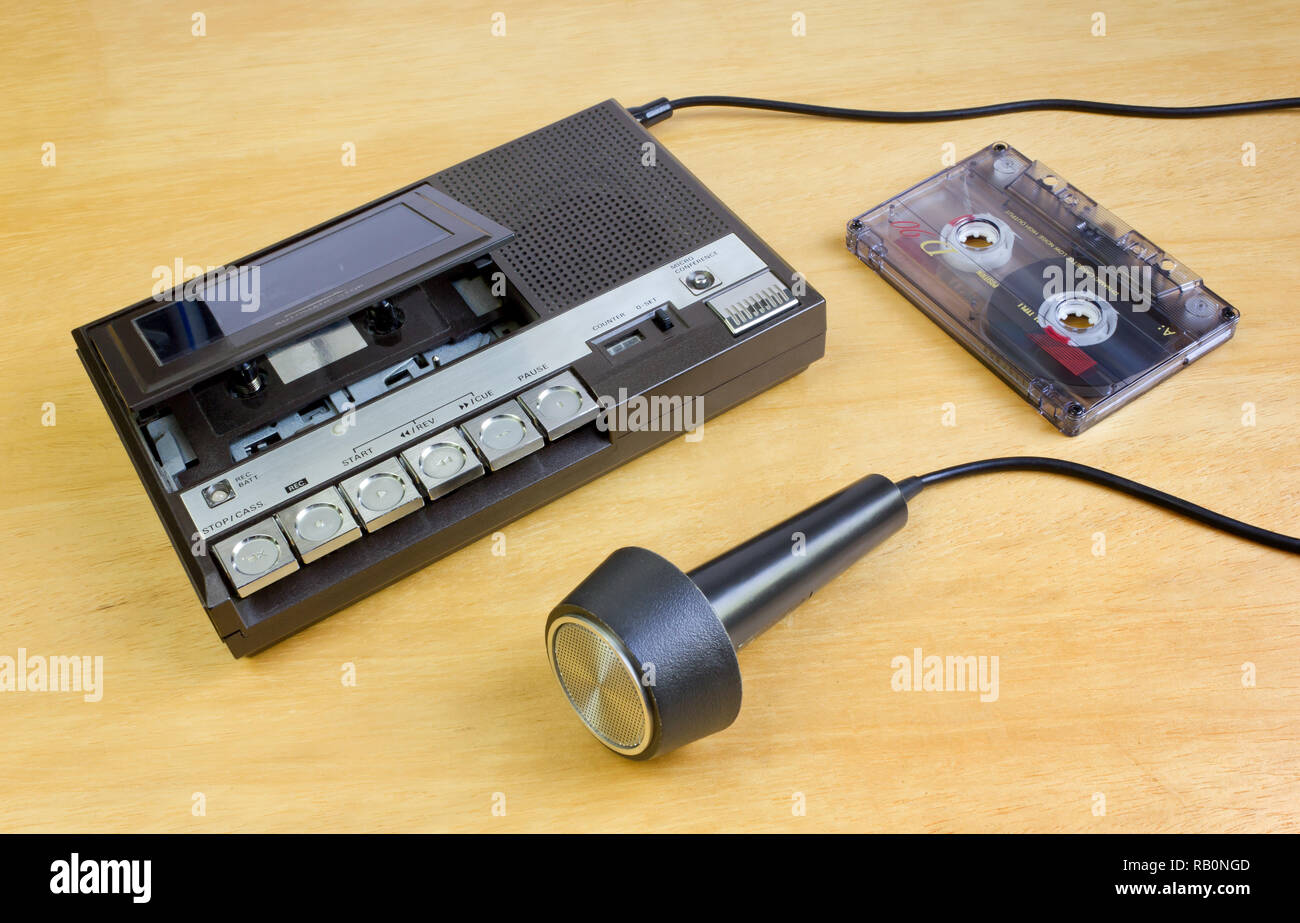Vintage portable audio recorder with a microphone and a cassette Stock Photo