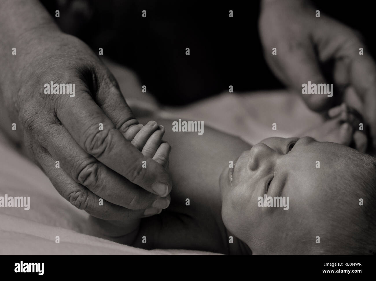 Grandfather holding hands with newborn child Stock Photo