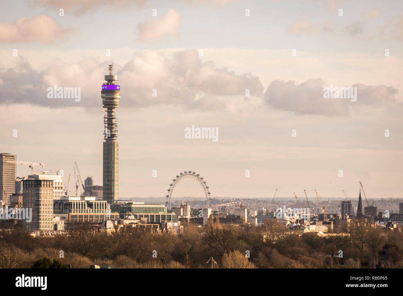 London cityscape, BT Tower and London Eye seen from Primrose Hill. Stock Photo