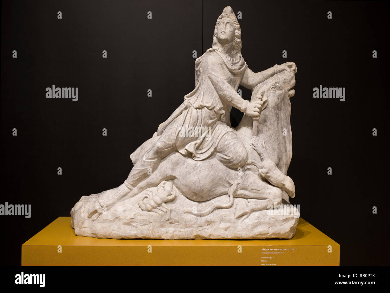 Cordoba, Spain - Sept 8th, 2018: Sculpture group of Mithras Tautoktonos from 2nd C. AC. Archaeological Museum of Cordoba, Spain Stock Photo
