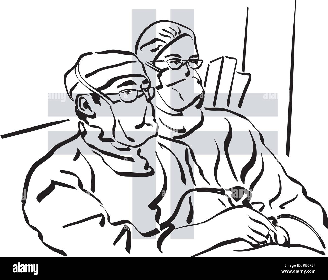 Illustration of surgeons in operating theater with grey cross. Stock Vector