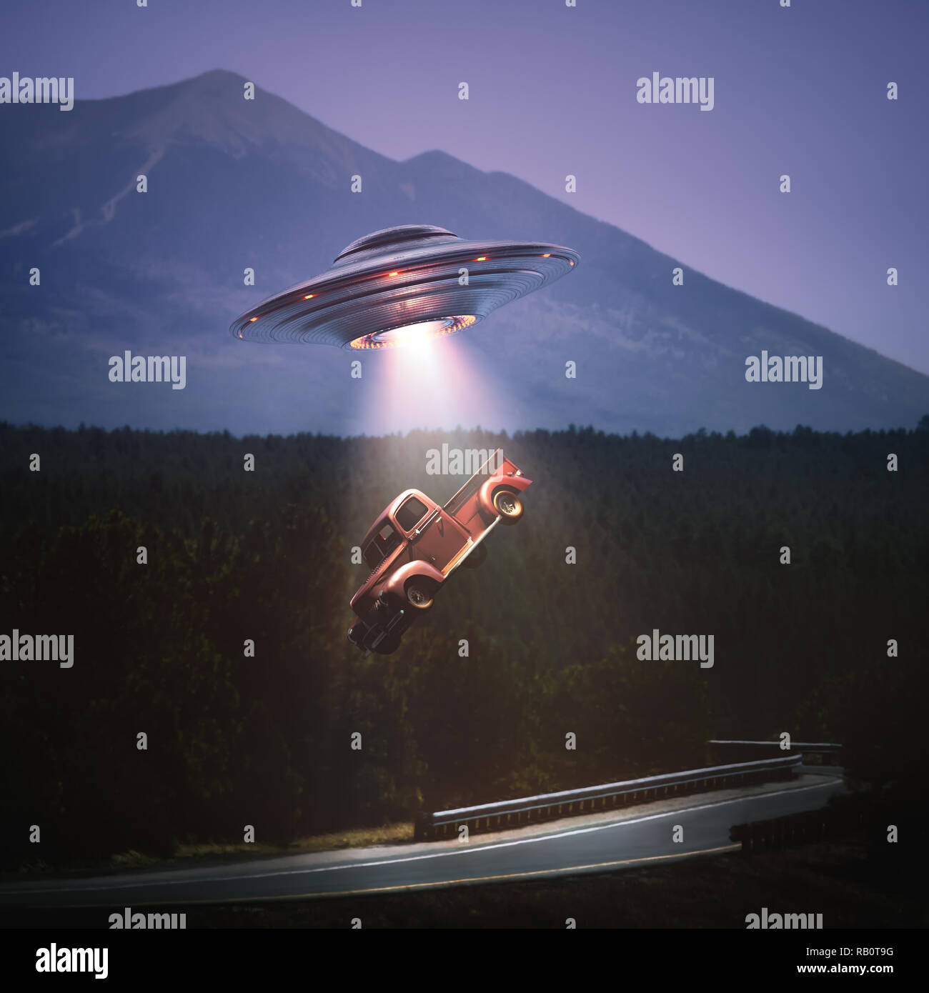 Unidentified flying object lifting a car from road. Concept of alien abduction. Clipping path included. Stock Photo
