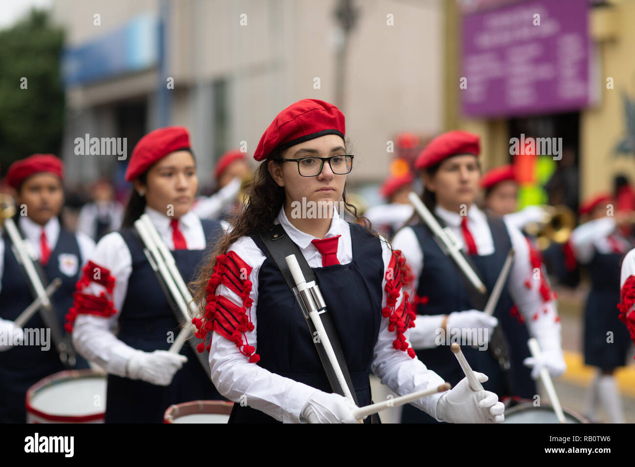 Matamoros, Tamaulipas, Mexico - November 20, 2018: The November 20 Parade, Marching Band with military Style uniform performing at the parade Stock Photo
