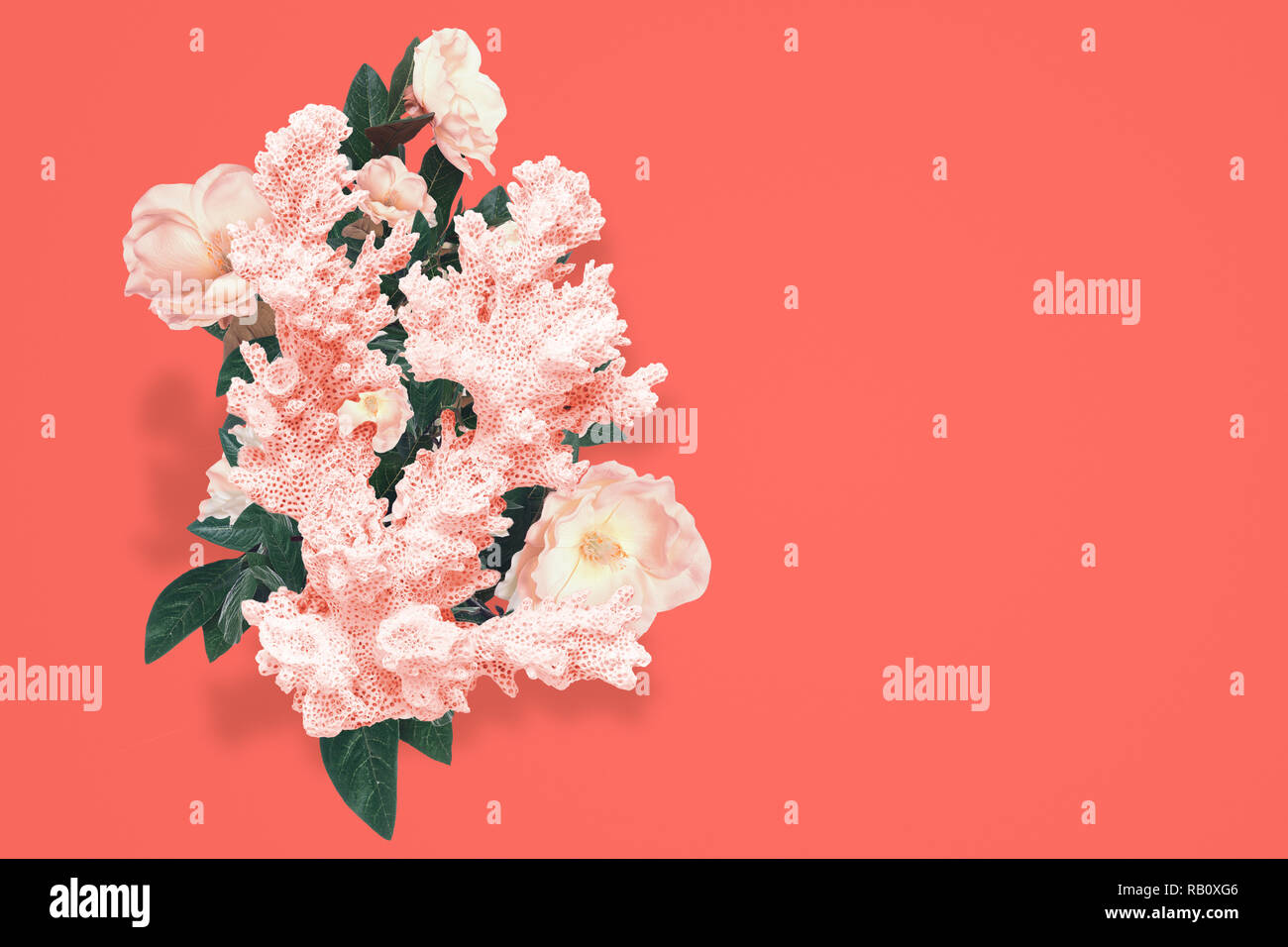 Abstract design of coral with flowers decor over trend of 2019 color trend living coral background Stock Photo