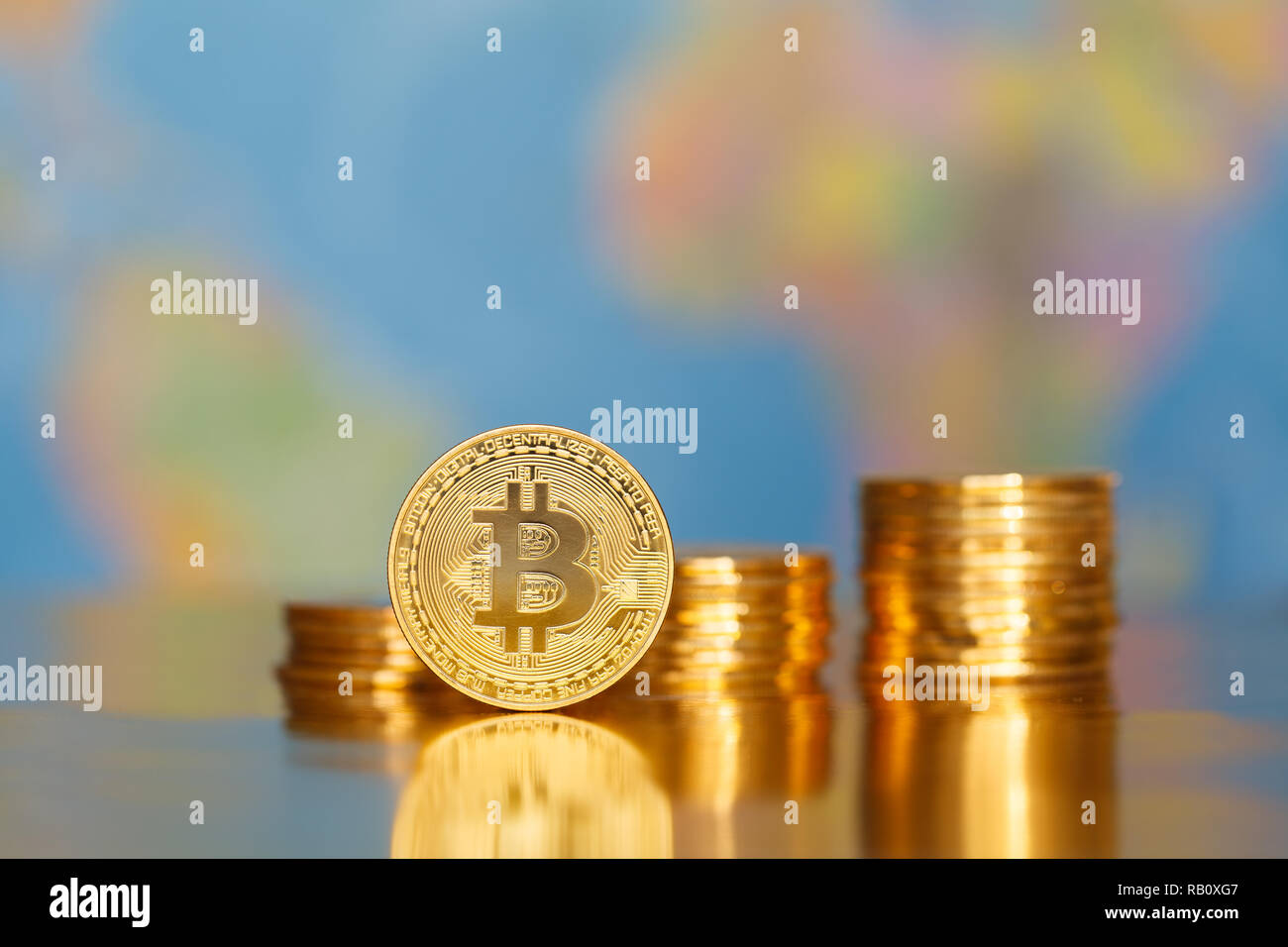 Bitcoin on world map. Cryptocurrency transactions concept Stock Photo