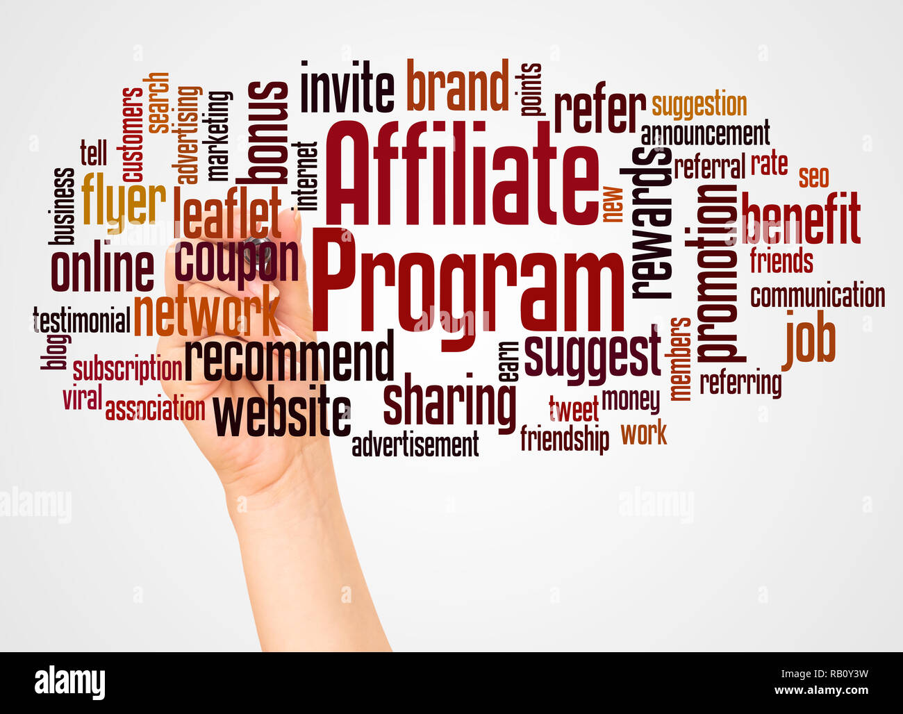 Affiliate Program word cloud and hand with marker concept on white background. Stock Photo