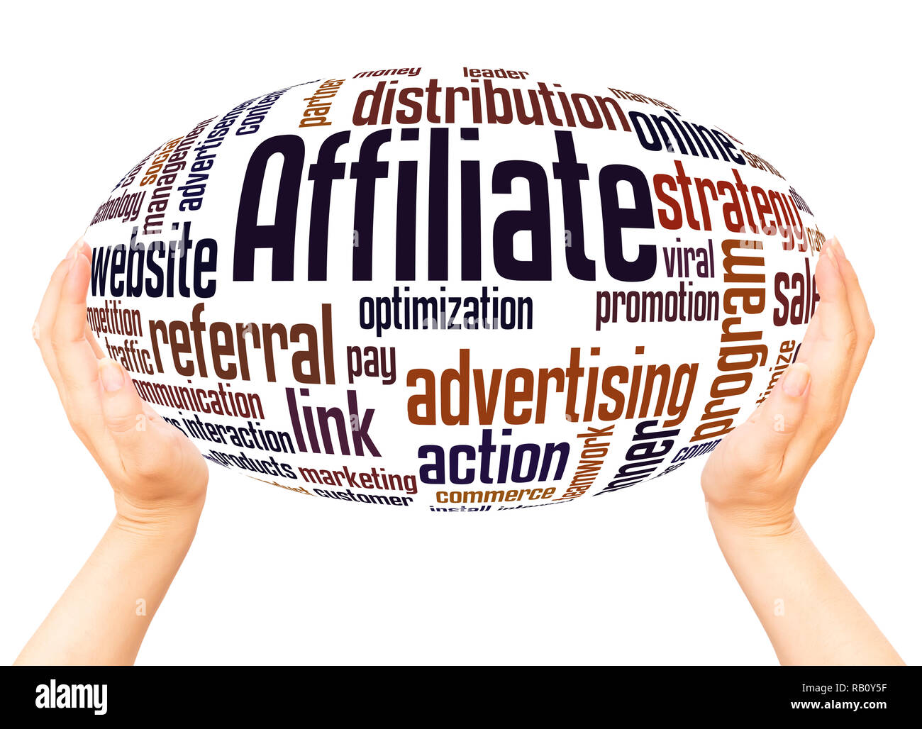 Affiliate word cloud hand sphere concept on white background. Stock Photo
