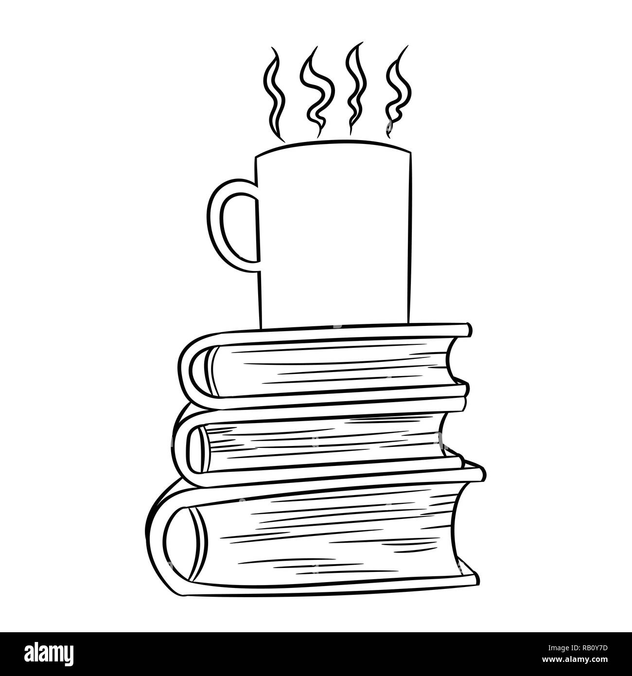 Hot coffee in cub on books, Hand drawn Vecter Illustration Stock Vector