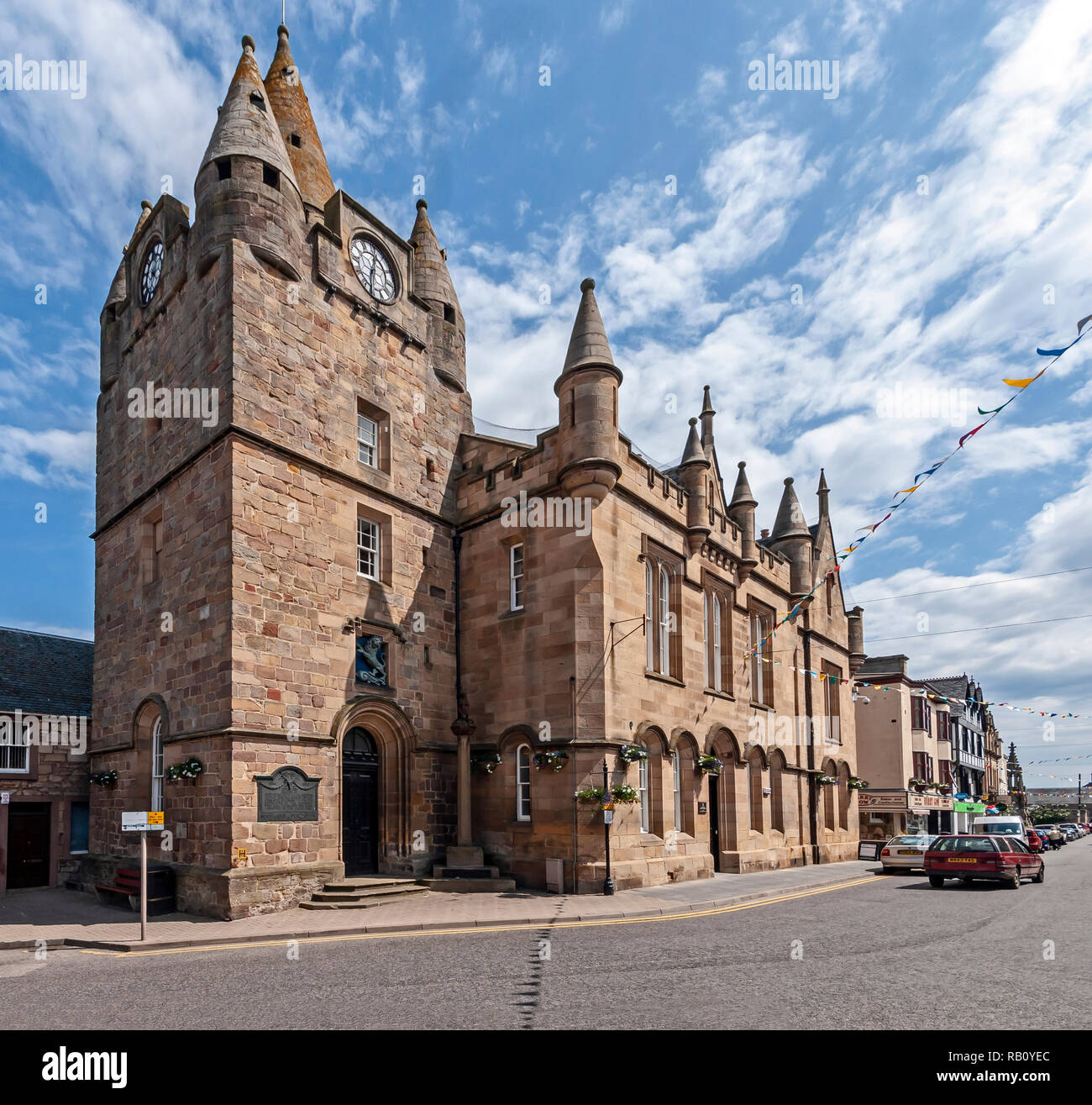 Tain Tolbooth in the High Street of Tain Easter Ross Highland Scotland with Tain Sheriff Court behind Stock Photo