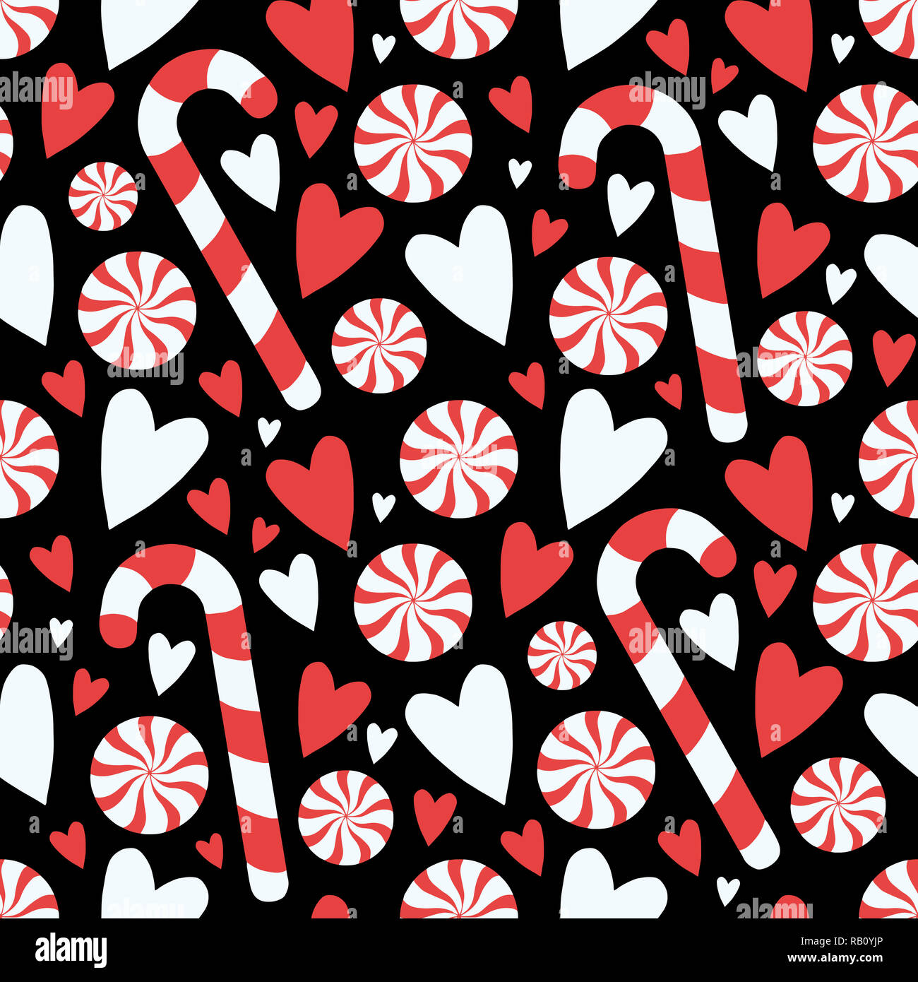 Cartoon style black candy cane and peppermint twist with hearts seamless seasonal Christmas graphic illustration pattern Stock Photo