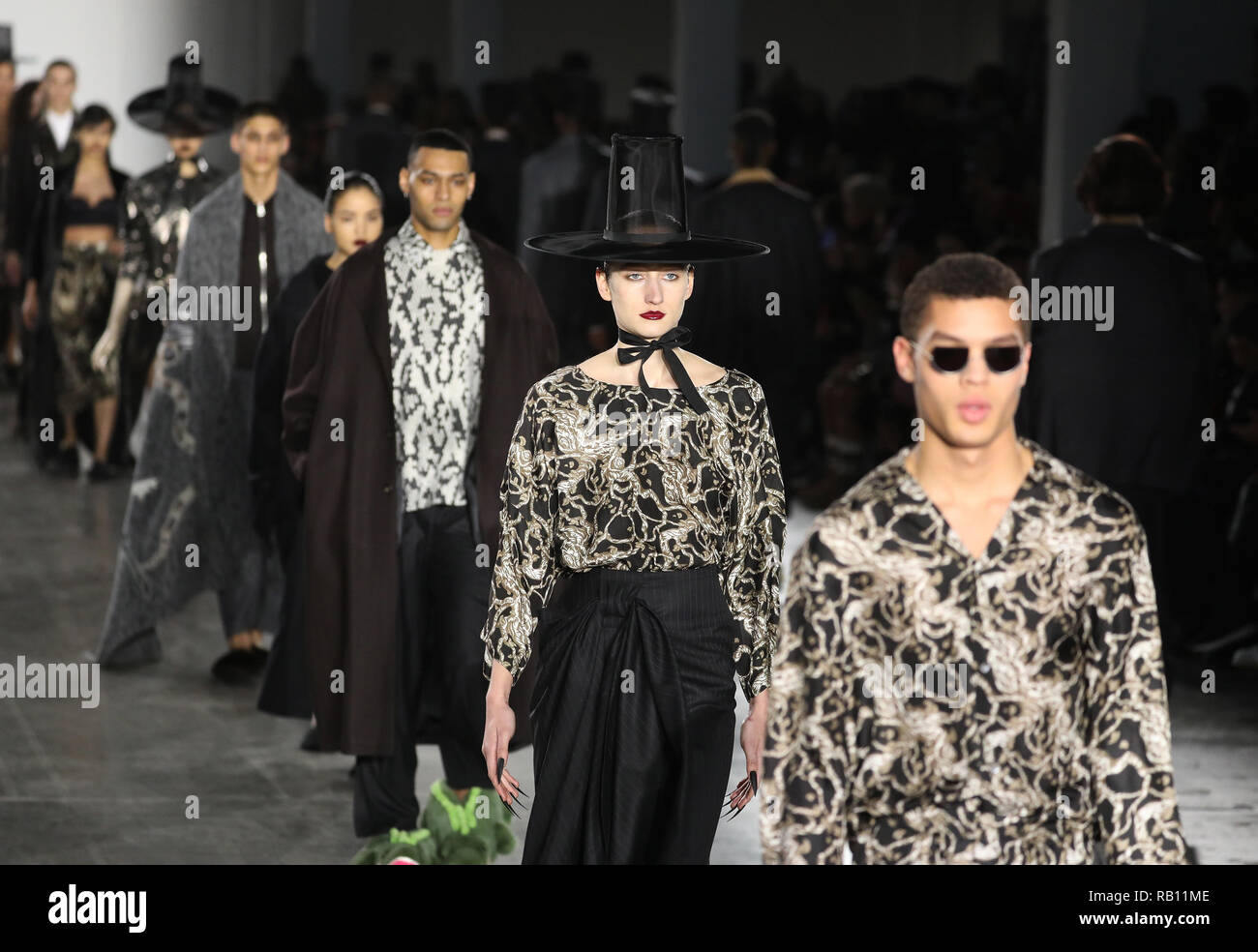 Models on the catwalk during the Edward Crutchley London Fashion Week Men's AW19 show held at BFC Show Space, London. Picture date: Saturday 5 January, 2019. Photo credit should read: Isabel Infantes/PA Wire Stock Photo