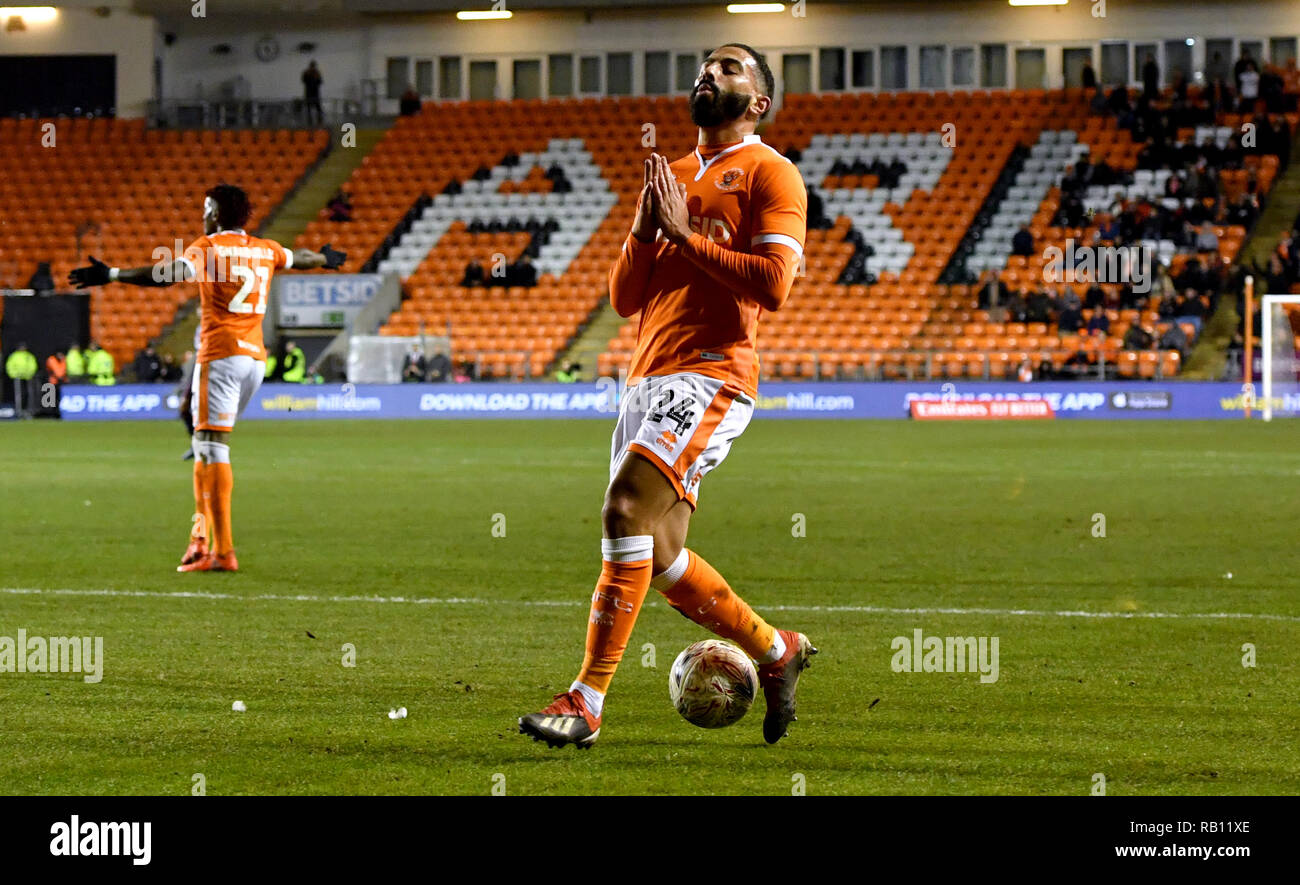 Blackpool's Liam Feeney reacts after being caught offside during the Emirates FA Cup, third round match at Bloomfield Road, Blackpool. Stock Photo