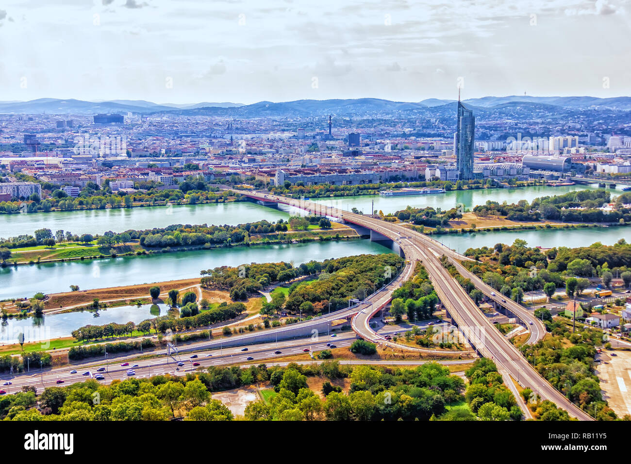 Vienna skyline, panoramic view on the Danube and the roads Stock Photo