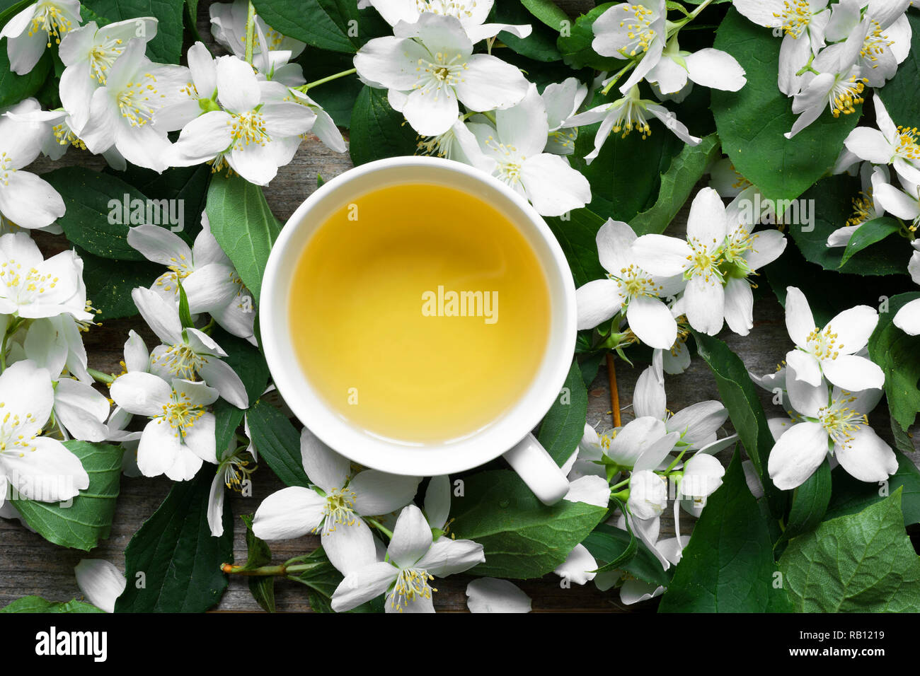 Cup of green jasmine tea on jasmine flowers background. top view Stock Photo