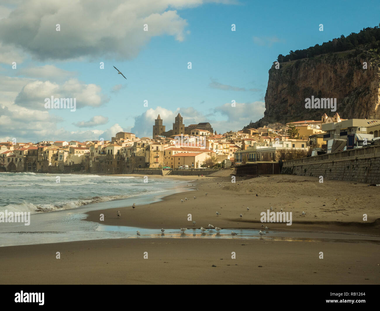 Beach and town of Cefalu with its Cathedral, northern Sicily, Italy Stock Photo