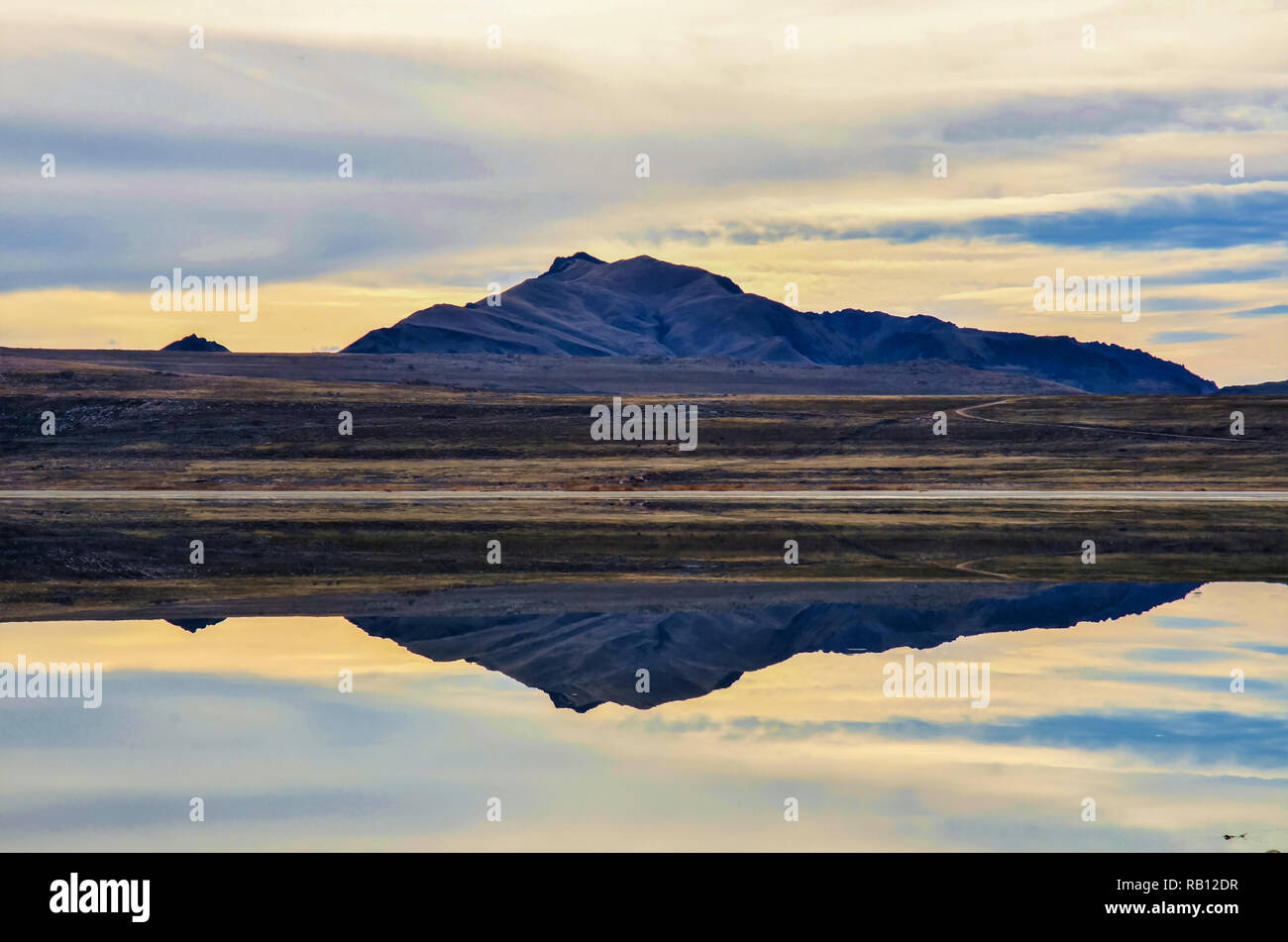 Reflection of Antelope Island in the Great Salt Lake. Stock Photo