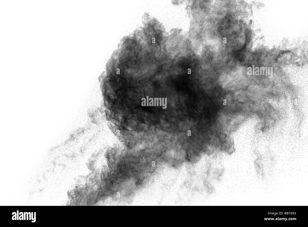 Closeup of black dust particles explode isolated on white background