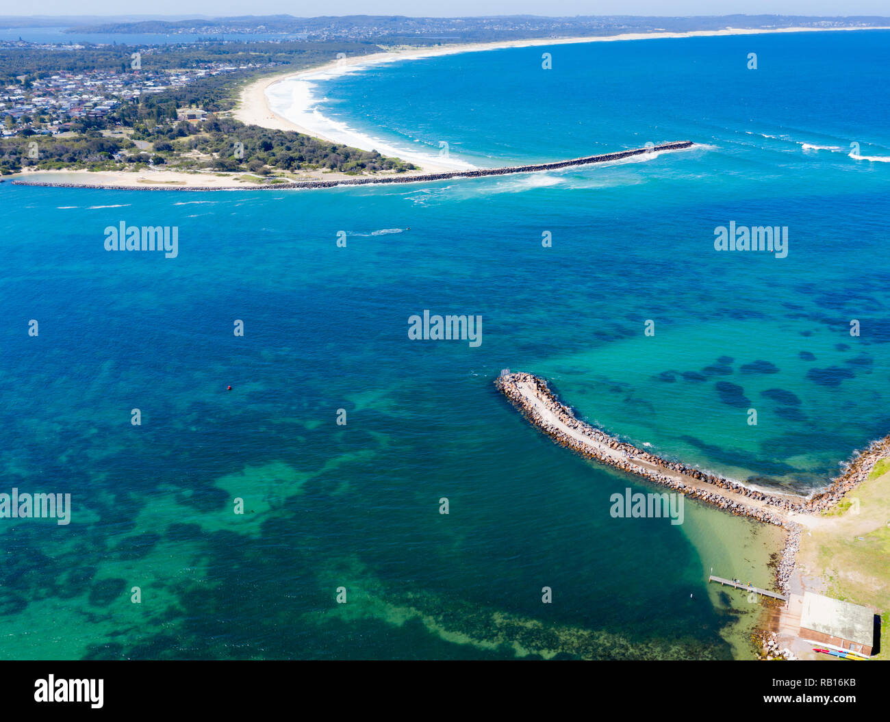 Aerial view of Swansea channel at the mouth of Lake Macquarie which is Australia's largest salt