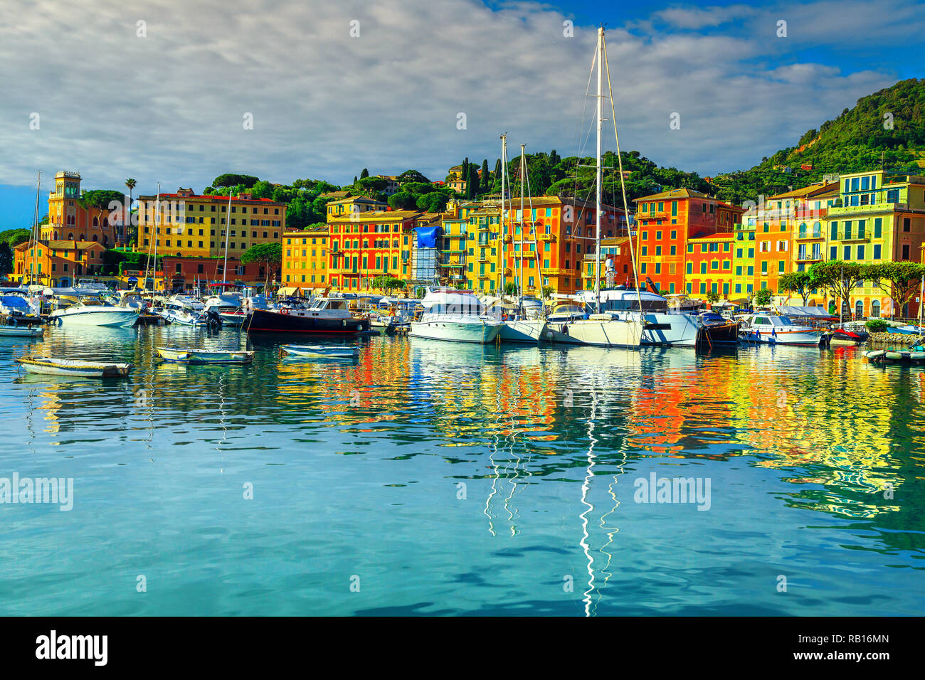 Beautiful mediterranean cityscape with luxury boats, yachts and colorful buildings, Santa Margherita Ligure, Liguria, Italy, Europe Stock Photo