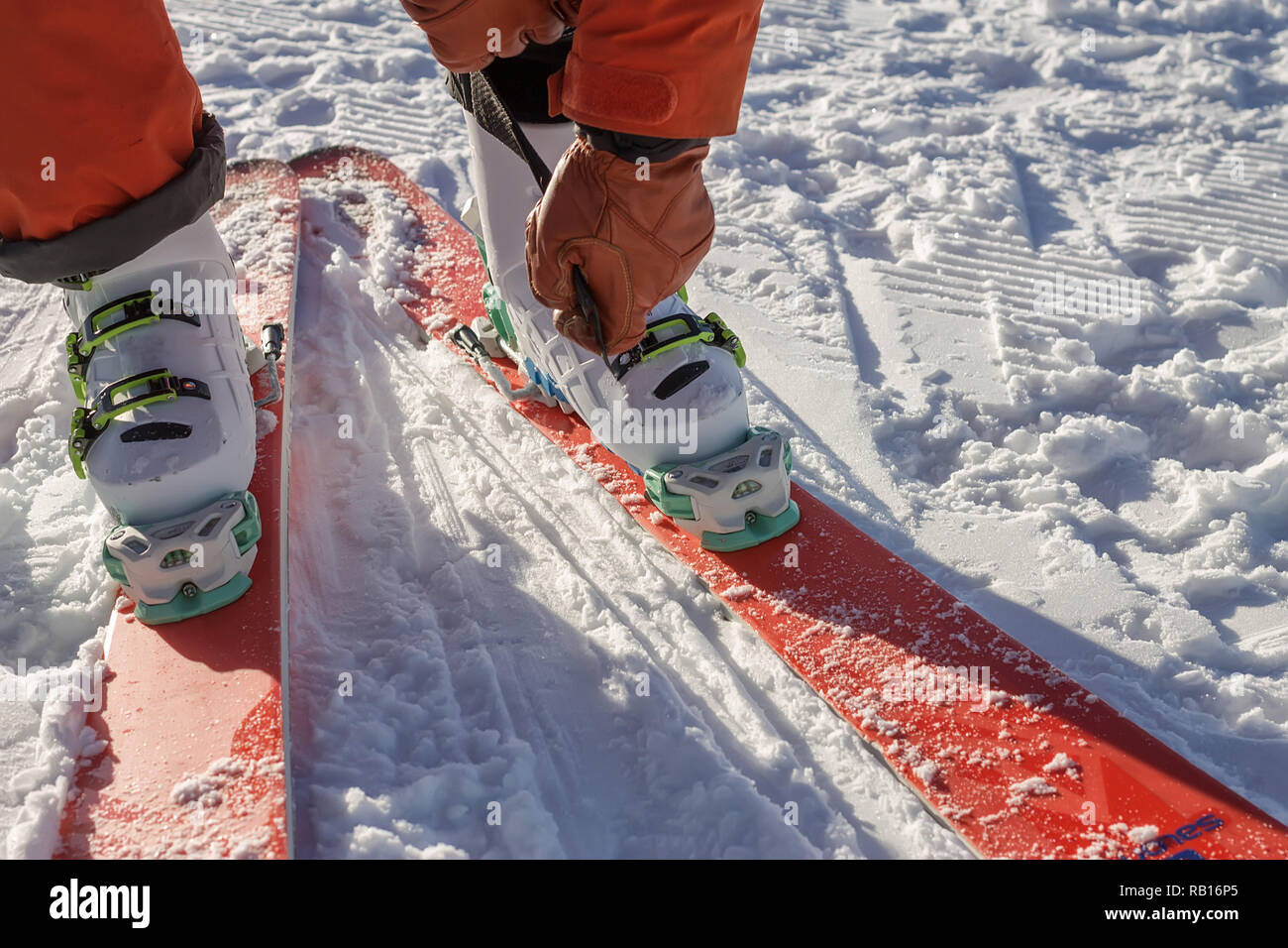 Legs of a skier freerider close up stand on a velvete track getting ...