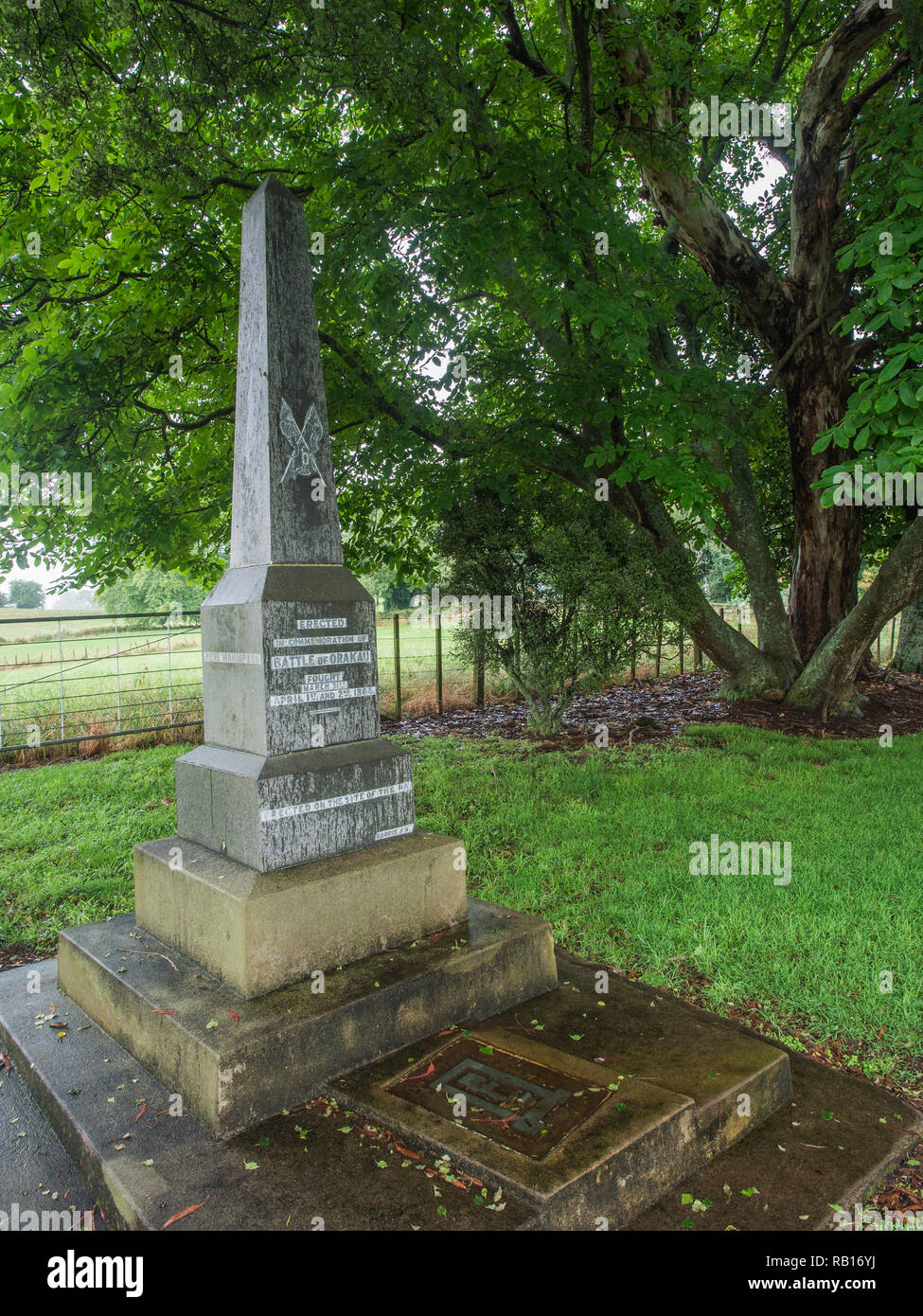 Orakau Battle memorial obelisk, Arapuni Road, Waikato, New Zealand Stock Photo