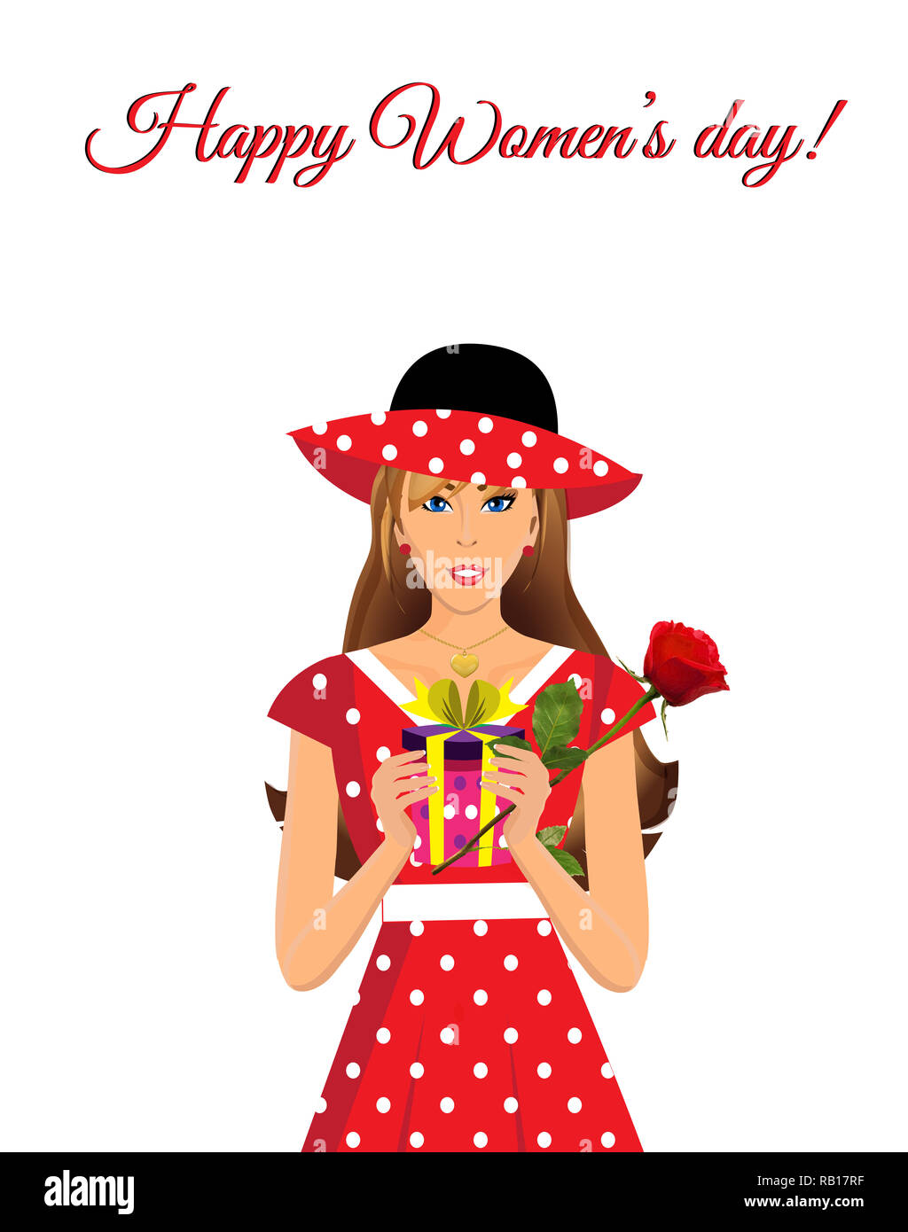 Happy women s day greeting card with cute adorable girl in red ...