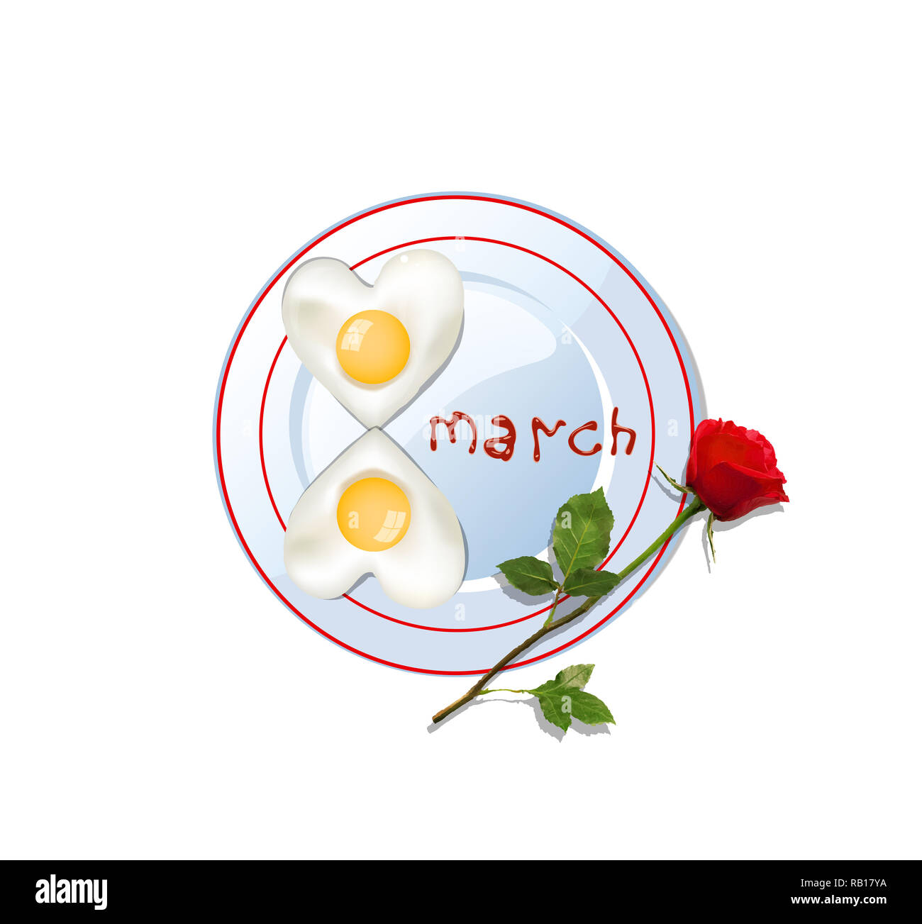 Happy women's day   illustration, clip art with number eight shaped heart omelette on plate with ketchup lettering and red rose flower isolated on whi Stock Photo