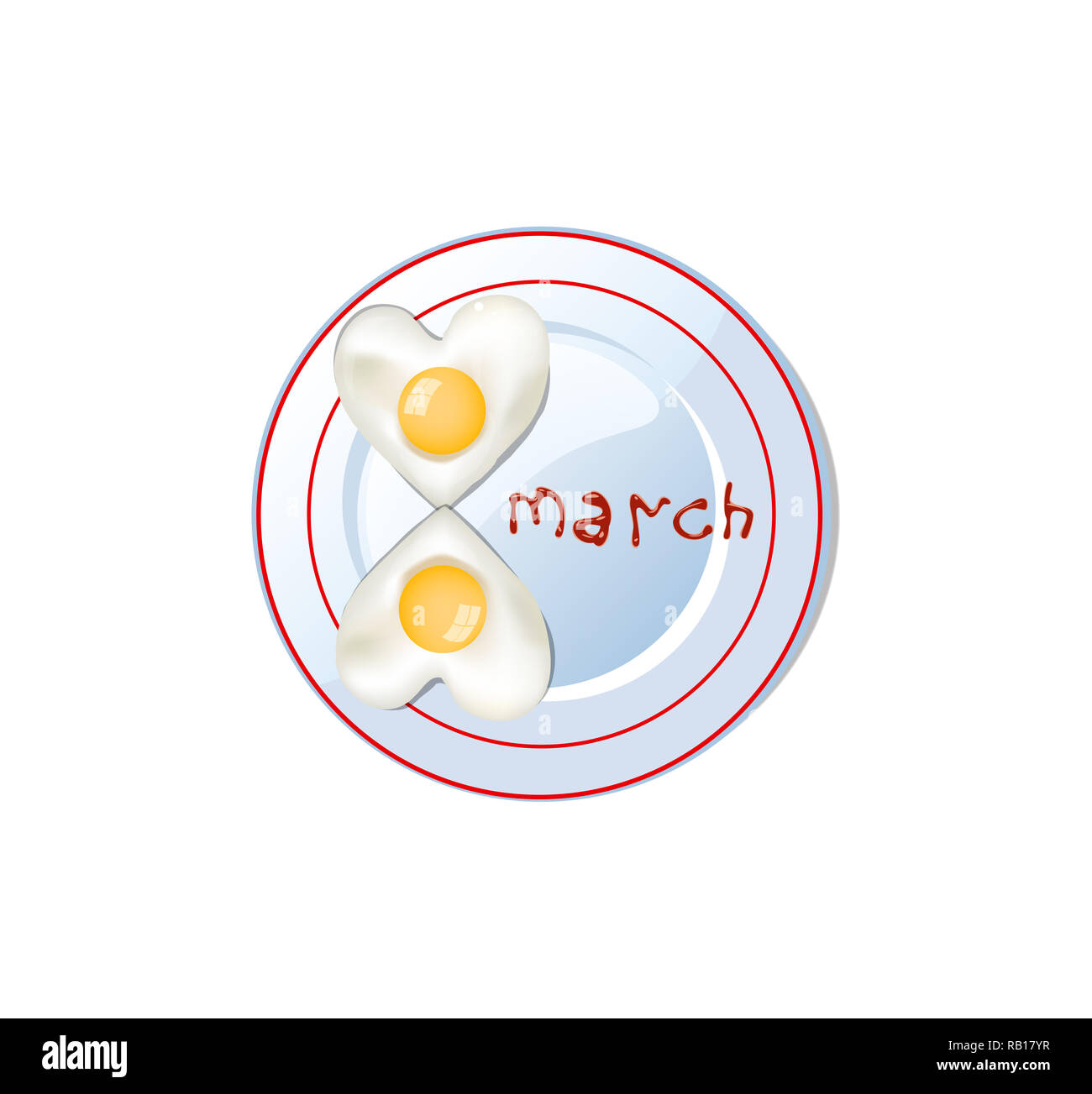 Happy women's day   illustration, clip art with number eight shaped heart omelette on plate with ketchup lettering isolated on white background. Festi Stock Photo