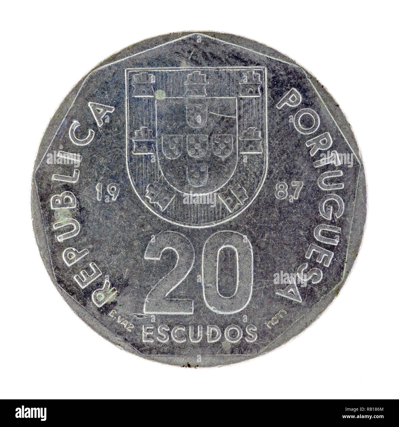 Portugeuse pre-Euro 20 Escudoes coin dated 1987 Stock Photo
