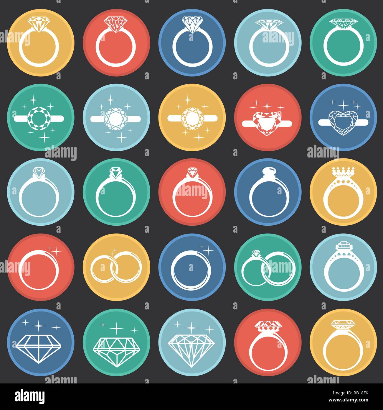 Rings icon set on color circles black background for graphic and web ...
