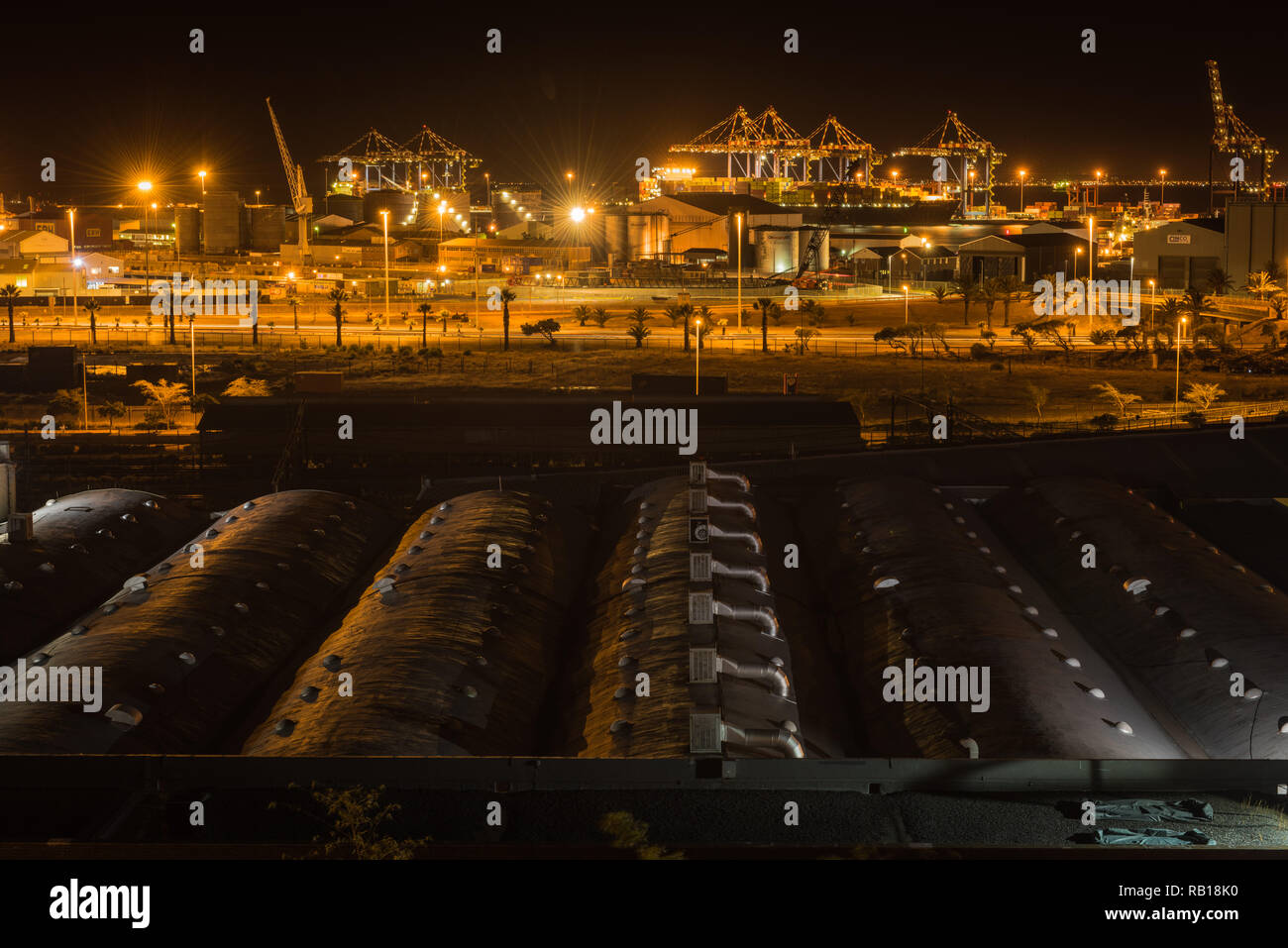 The Cape Town container port, with the fuel bunker storage tanks in the
