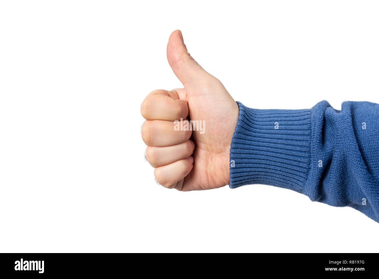 Male hand with thumbs up sign, isolated on white background. Stock Photo