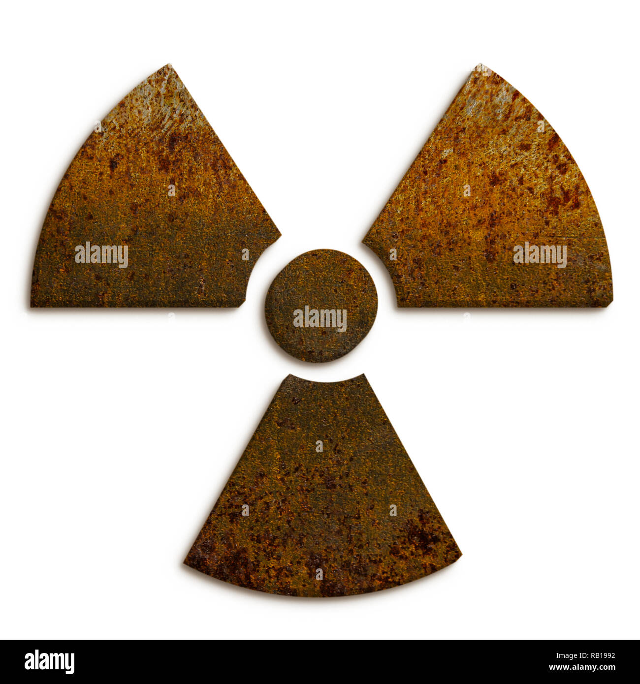 Radioactive (ionizing radiation) nuclear danger symbol made of rusty metal grungy texture and isolated on seamless white background. Stock Photo