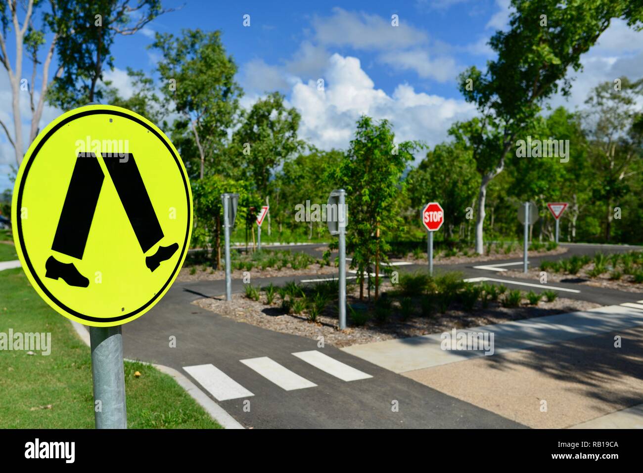 Pedestrian crossing sign at a child road safety learning course, Wadda