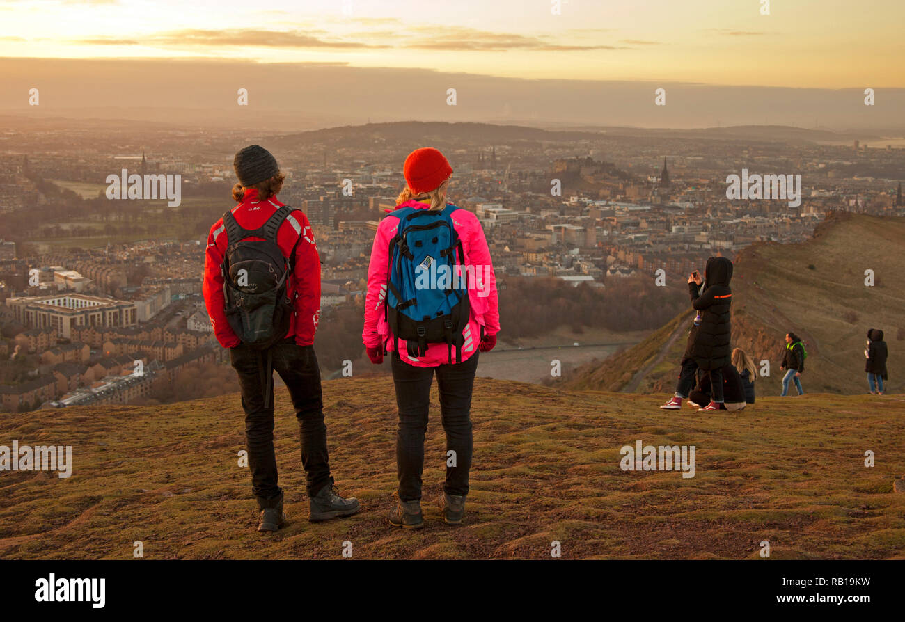Hillwalkers and tourists looking over the city of Edinburgh, Scotland, UK, Europe Stock Photo