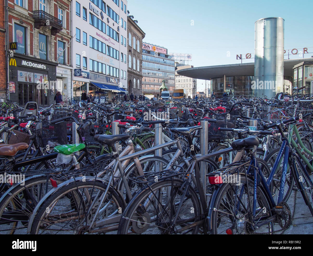 COPENHAGEN, DENMARK-APRIL 11, 2016: Lot of bicycles parked in the center of the City Stock Photo