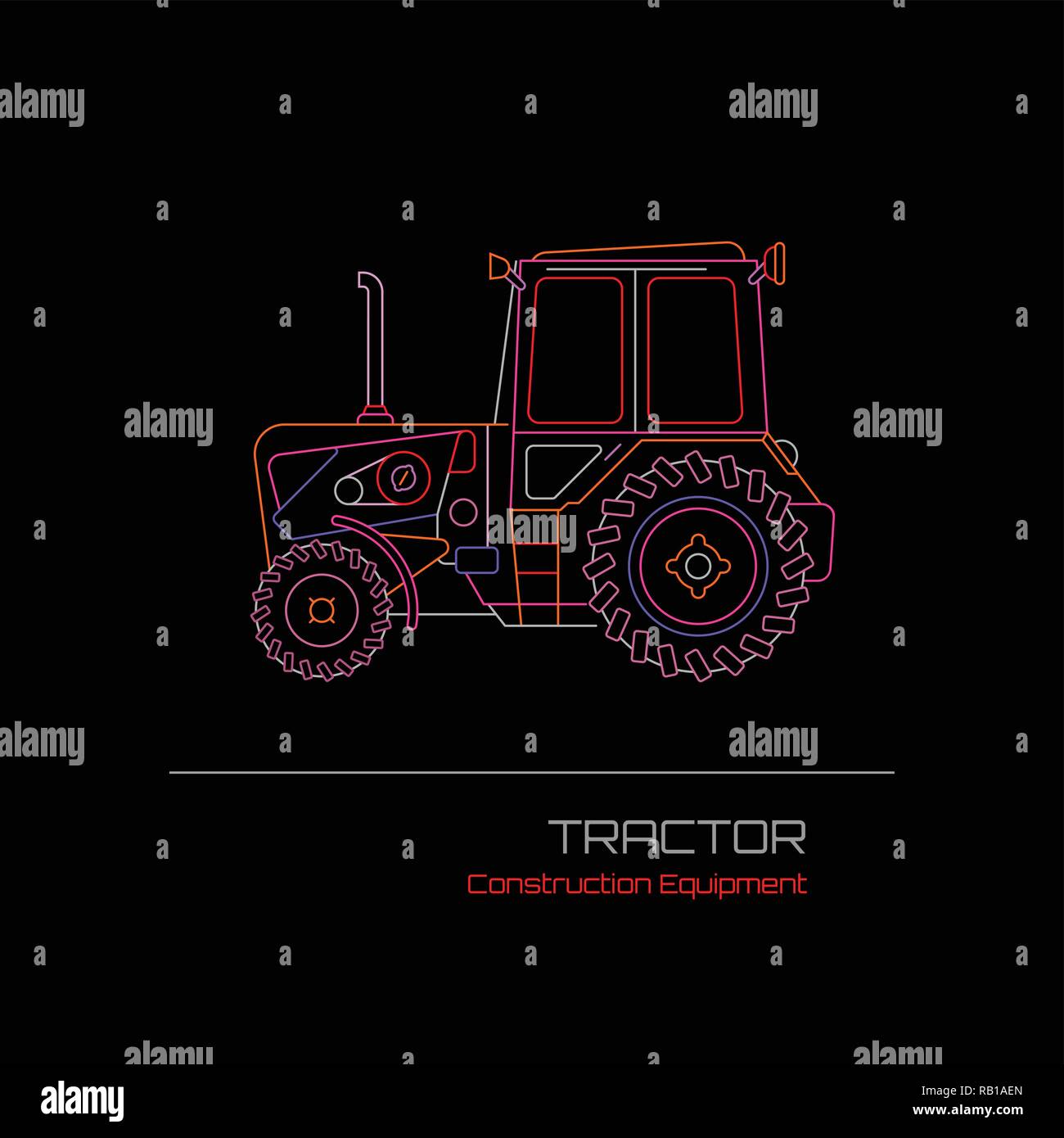 Neon colors on a black background Tractor vector illustration. Stock Vector