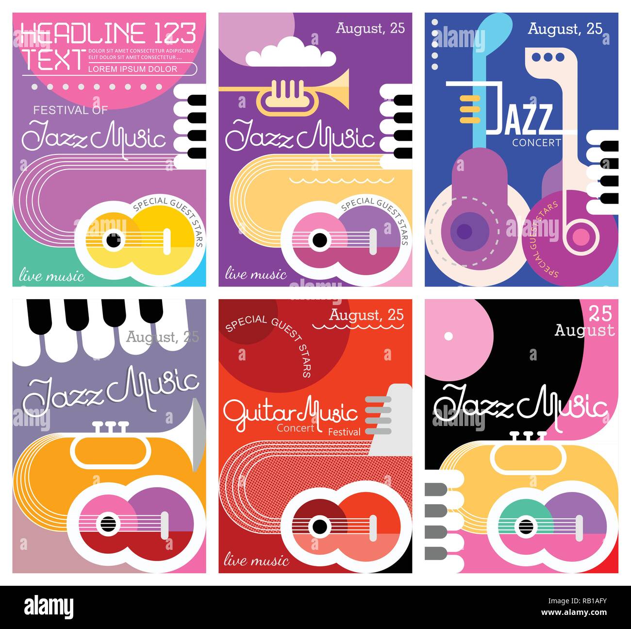 Set of six different Music Festival poster template designs. Vector layouts, applicable for banners, leaflets, placards, flyers, brochures, etc., size Stock Vector