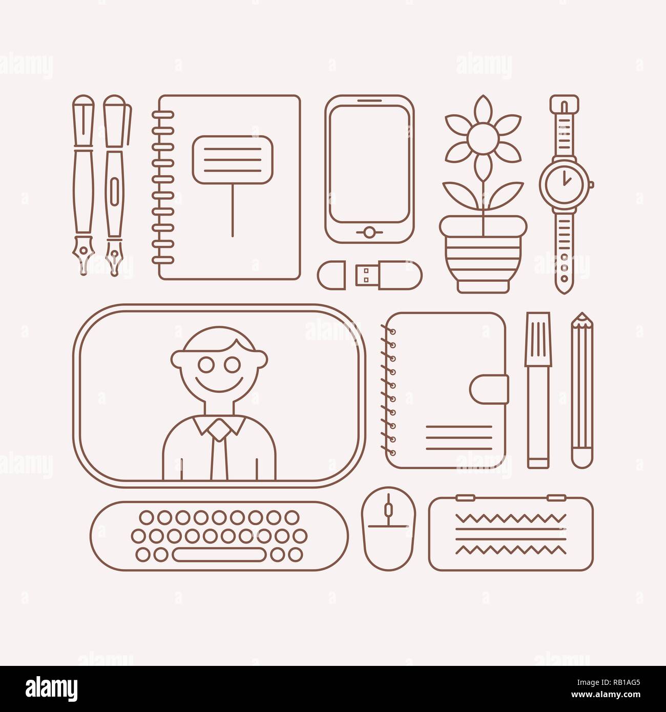 Line art image on a light background Workplace vector illustration. Design of many various school supplies. Stock Vector