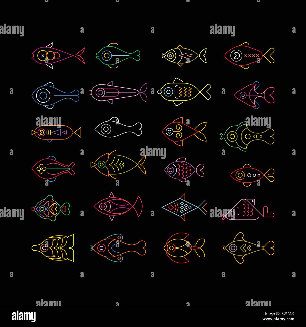 Neon colors on a black background Exotic Fish vector icon set Stock ...