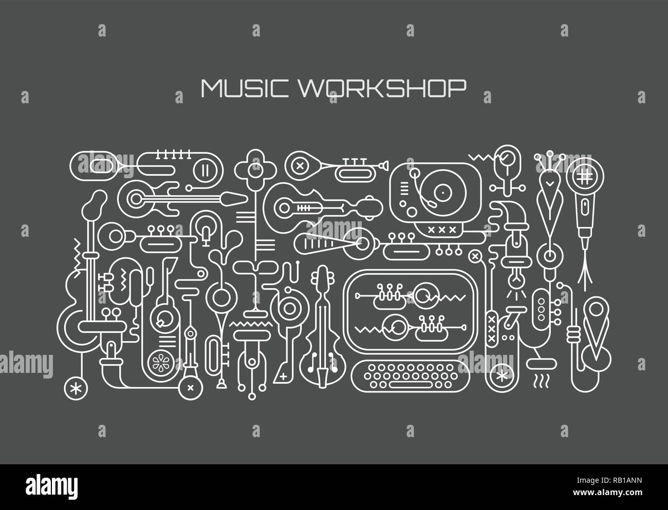 Music Workshop abstract art vector illustration. White line art image isolated on a dark grey background. Stock Vector