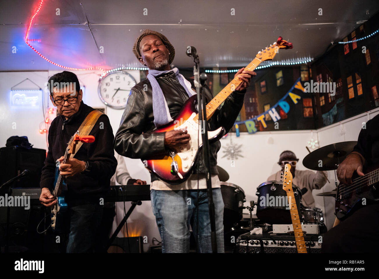 Franklin Bell's Blues Workshop, Sunday, December 30, 2018 held at Bell's garage beind his South Central bungalow on East Colden Ave, Los Angeles, CA. Stock Photo