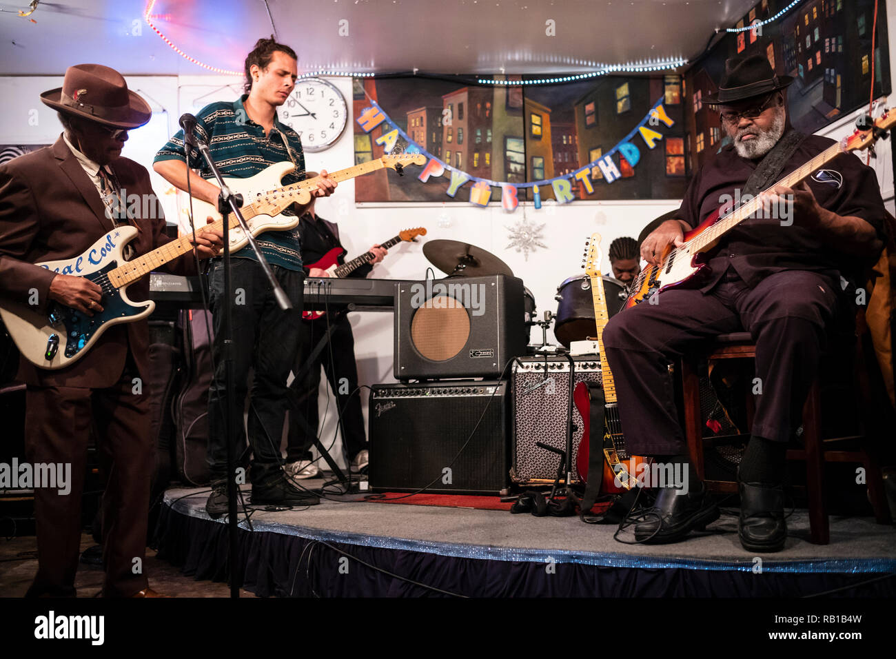 Franklin Bell's Blues Workshop, Sunday, December 30, 2018 held at Bell's garage beind his South Central bungalow on East Colden Ave, Los Angeles, CA. Stock Photo