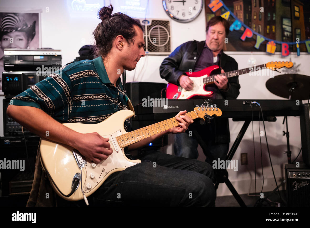 Franklin Bell's Blues Workshop, Sunday, December 30, 2018 held at Bell's garage beind his South Central bungalow on East Colden Ave, Los Angeles, CA. Stock Photo