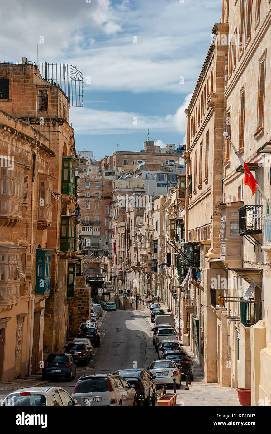 Narrow streets and buildings in Valletta, Malta Stock Photo
