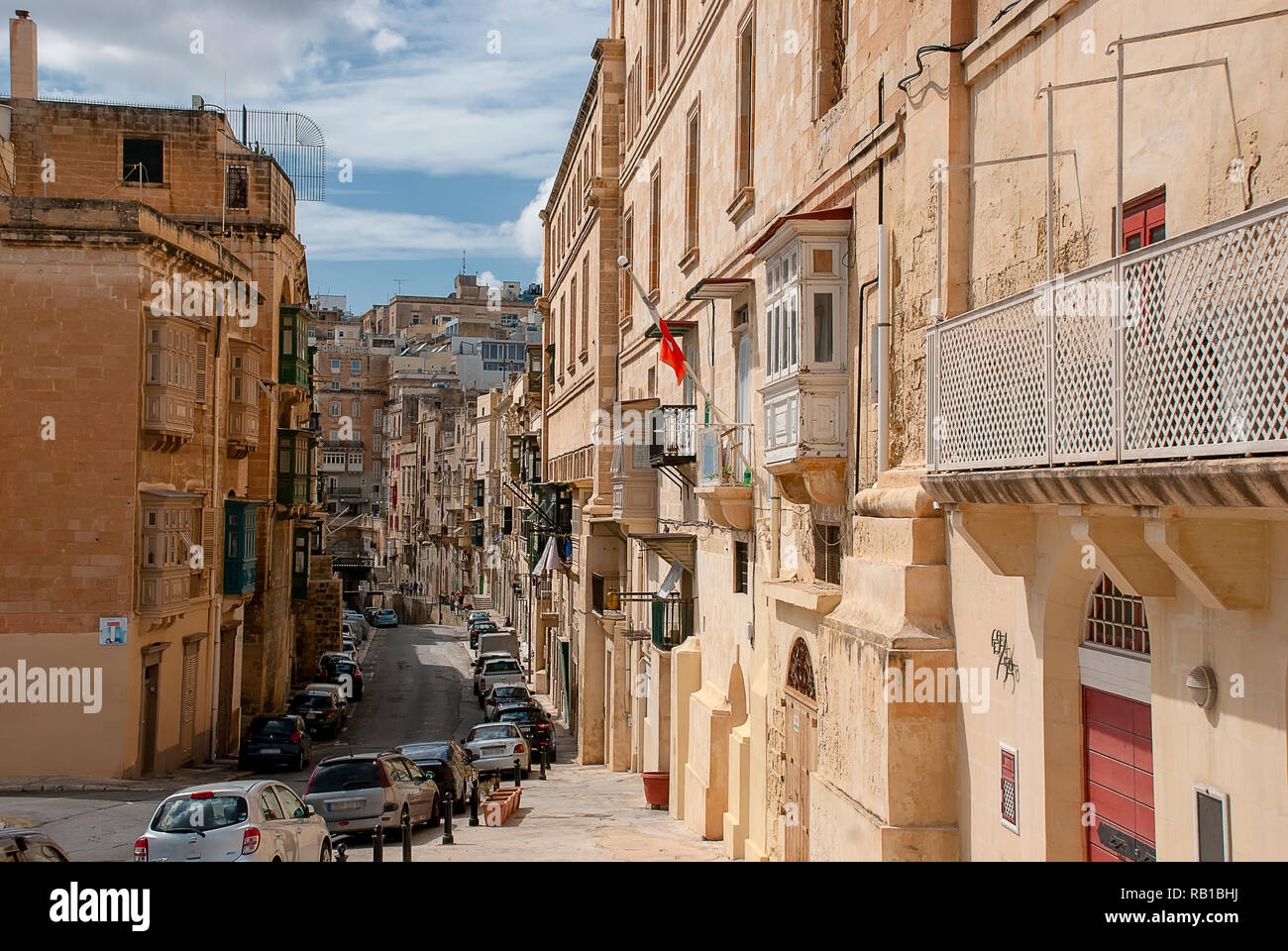 Narrow streets and buildings in Valletta, Malta Stock Photo