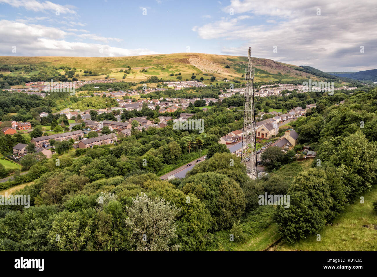 Telecommunications tower. Mobile phone and TV base station in a Small Welsh Town Blaina Stock Photo