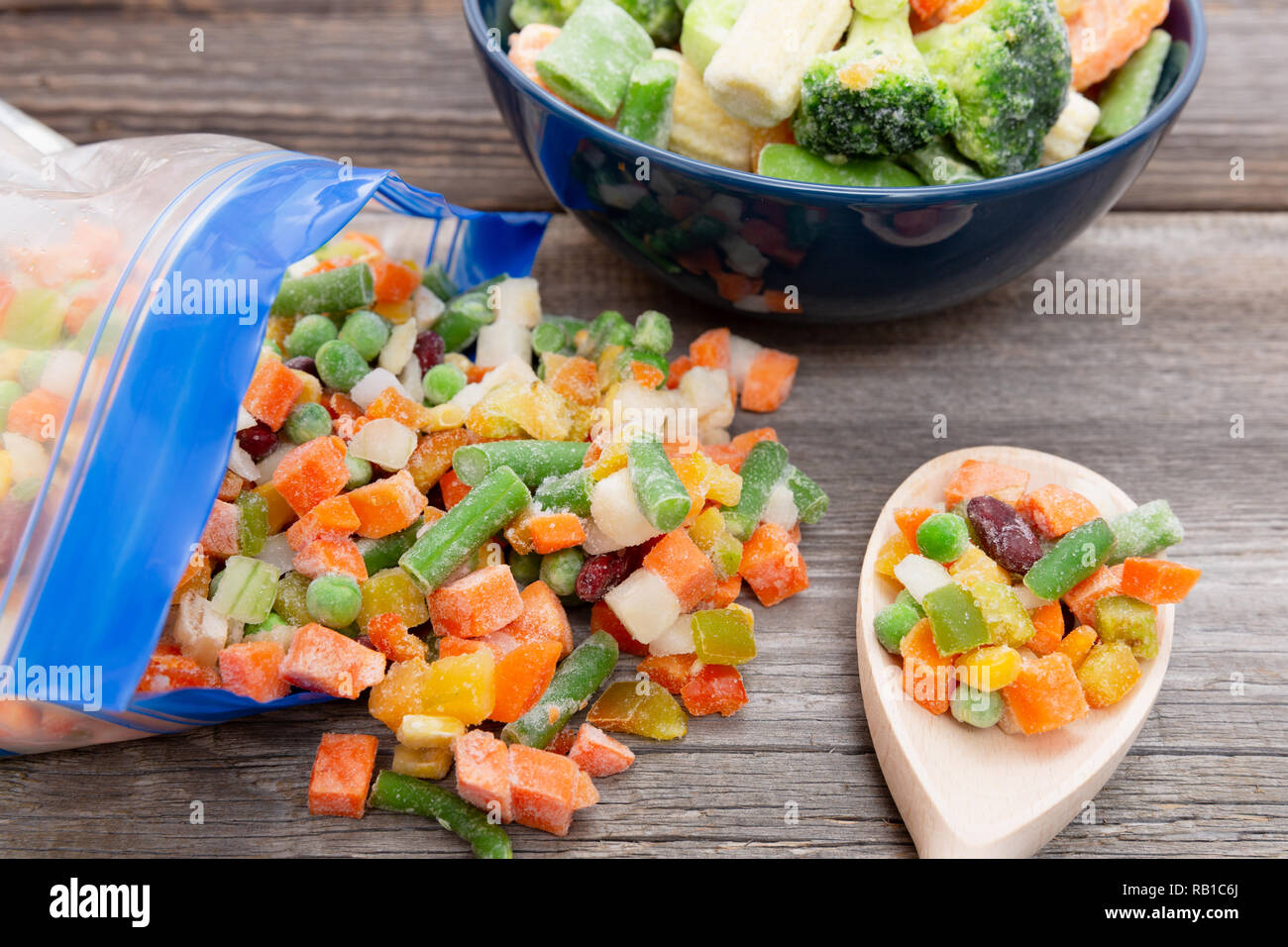 Frozen vegetables in a plastic bag. Healthy food storage concept Stock